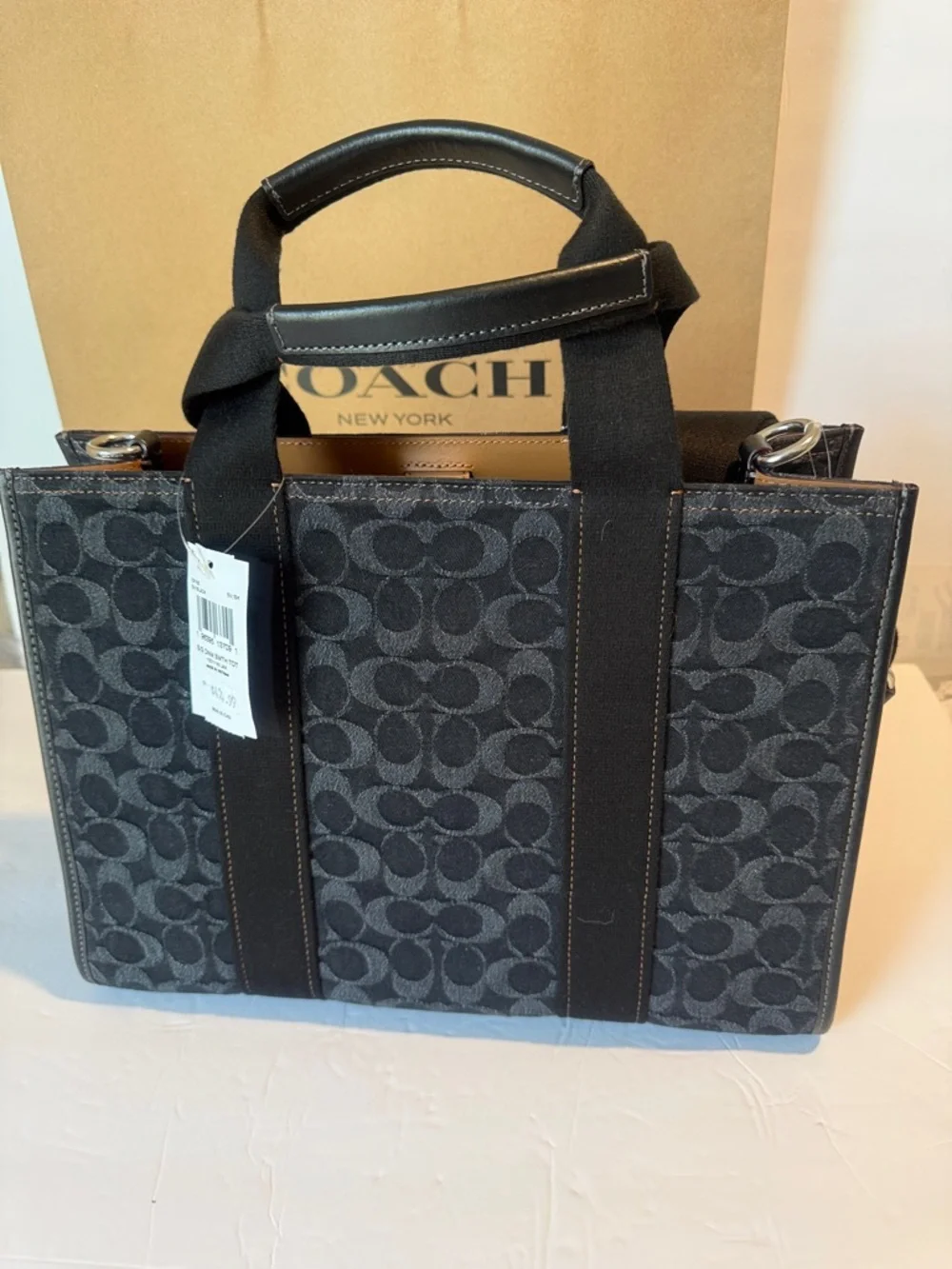 Coach Black Signature signature Smith Tote with Tan Leather Tag